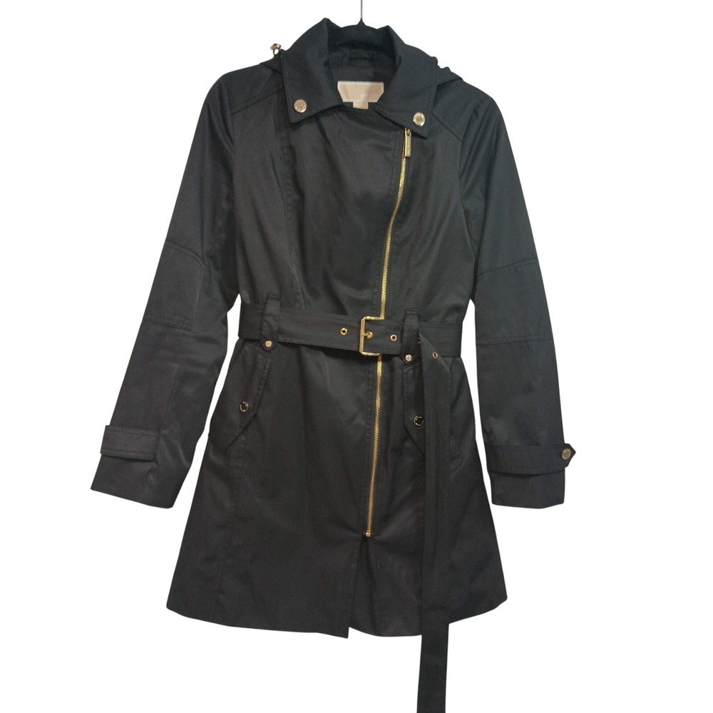 Michael Kors Womens Black Asymmetrical Zip Hooded Trench Coat Belted XS Gold Zip